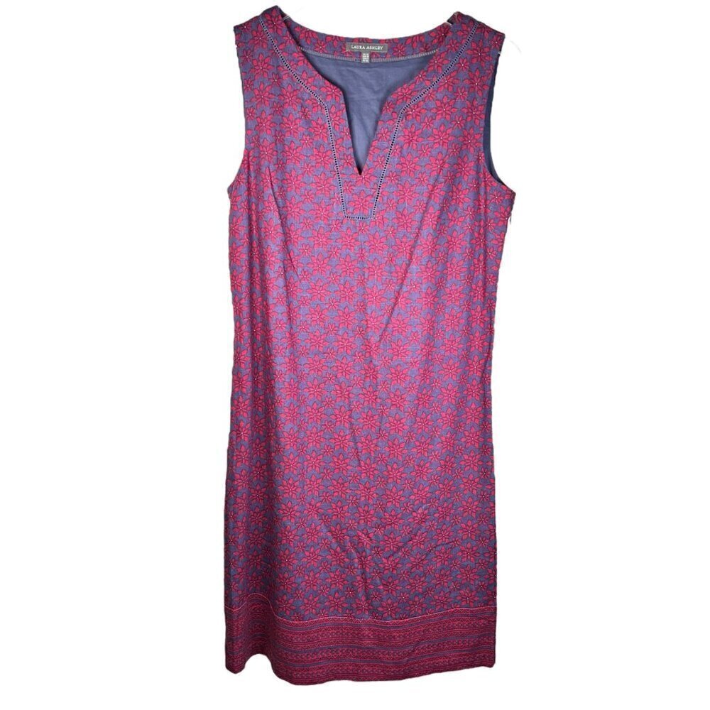 Laura Ashley Size 8 Linen Cotton Dress Sheath Floral Crochet Work Brunch Casual